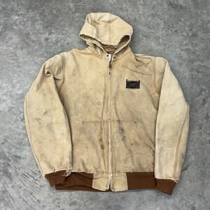 Carhartt Tan Khaki Brown Hooded Workwear Jacket Mens L Branding Worn Thrashed